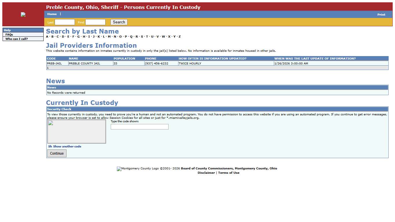 Preble County, Ohio, Sheriff - Persons Currently In Custody